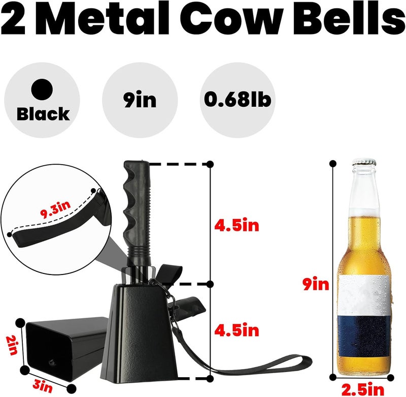 CAPHONT 2 Pcs Cow Bell Steel Cowbells 9 inch Cowbell Noise Makers Cheering Hand Bell with Wrist Strap for Sports Events,Football Games,Party,Farm, Musical Instruments (Black) - Image 2